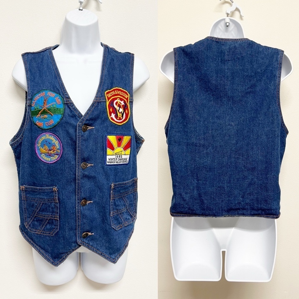 Vintage 80s American Unisex Cotton Denim Jean Button Up Patches Vest Size 40